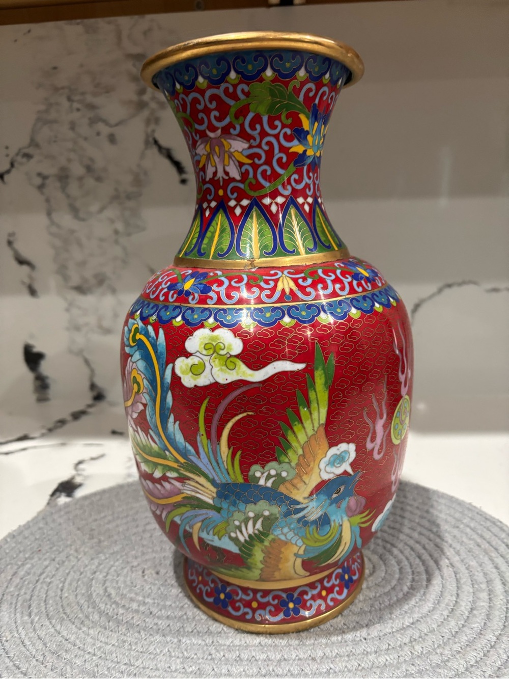 Red Cloisonné Floral Phoenix Vase